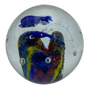 Art Glass Colorful Blue Dolphins Ocean Tropical Paperweight Orb Bubbles 3" Tall